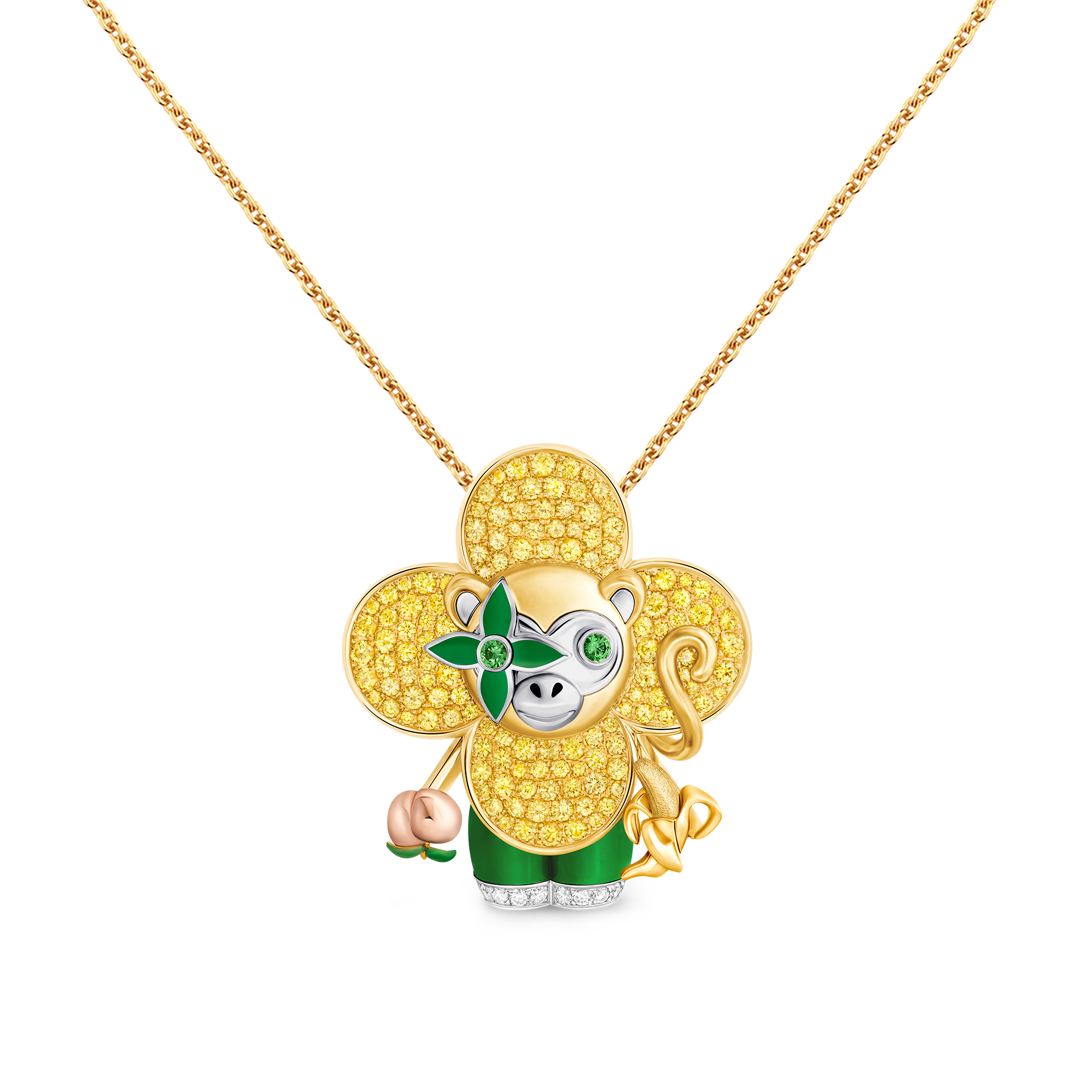 Vivienne Monkey Pendant, 3 Golds, Lacquer, Diamonds & Colored